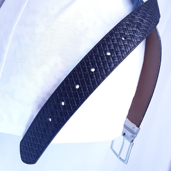 Genuine Leather Belt Reversable Black Textured Weave & Cafe Au Lait Brown Sz 44 - Picture 5 of 7